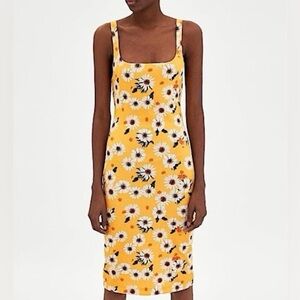 NWOT BeautifulZara Yellow Daisy Flower Bodycon Midi Dress Size Medium